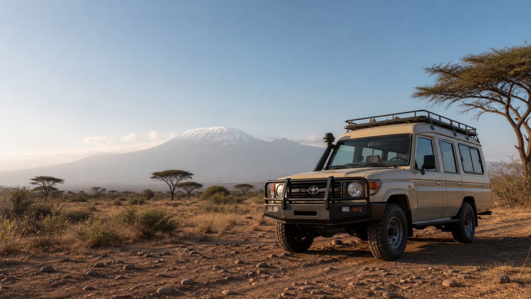 Safari Land Cruiser below Mount Kilimanjaro